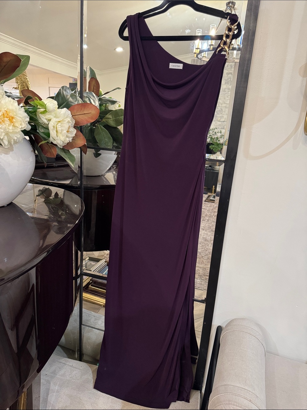 Calvin Klein One-Shoulder Draped Evening Gown - Deep Plum with Gold Accent